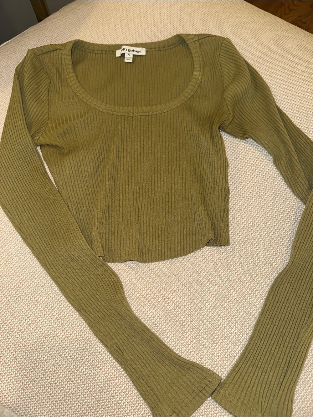 Brandy Melville Olive Ribbed Scoop-Neck Long Sleeve Tee